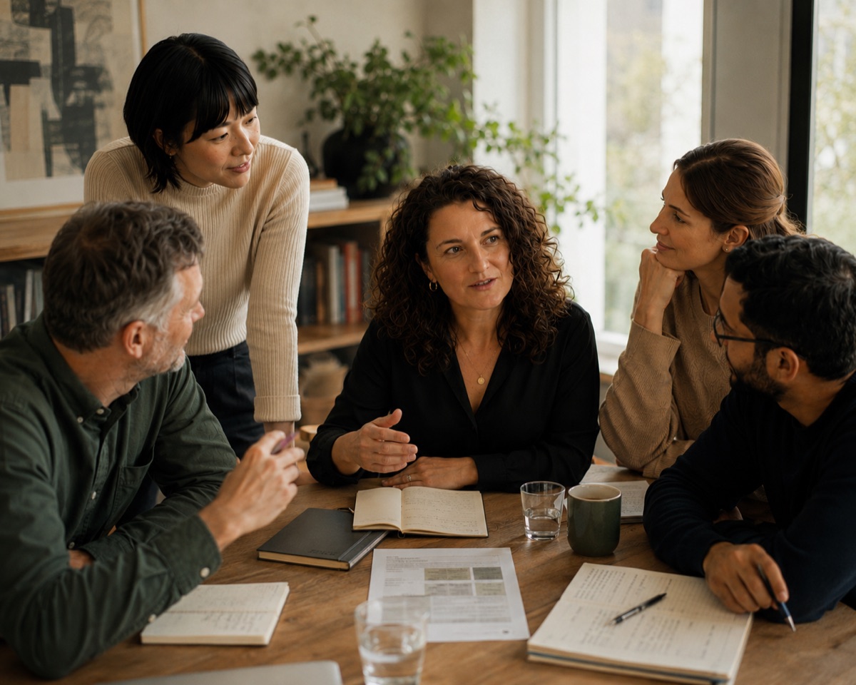 A mission-driven team in focused conversation around a table